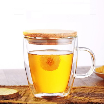 Heat resistant glass cup double wall glass mug with bamboo lid